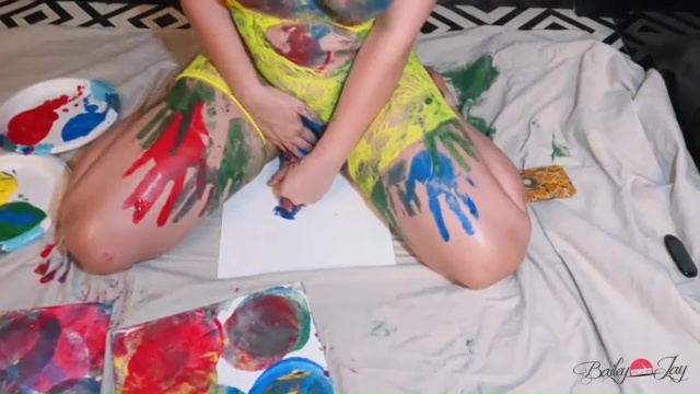 Bailey makes excited artwork using her tits butt and dick for painting. 